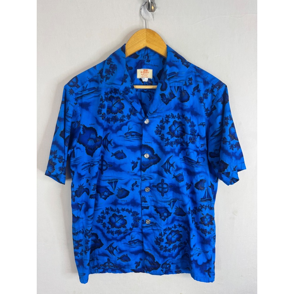 Vintage 1960's Ui-Maikai Hawaii Map Hibiscus Blue Cotton Aloha Shirt Mens L